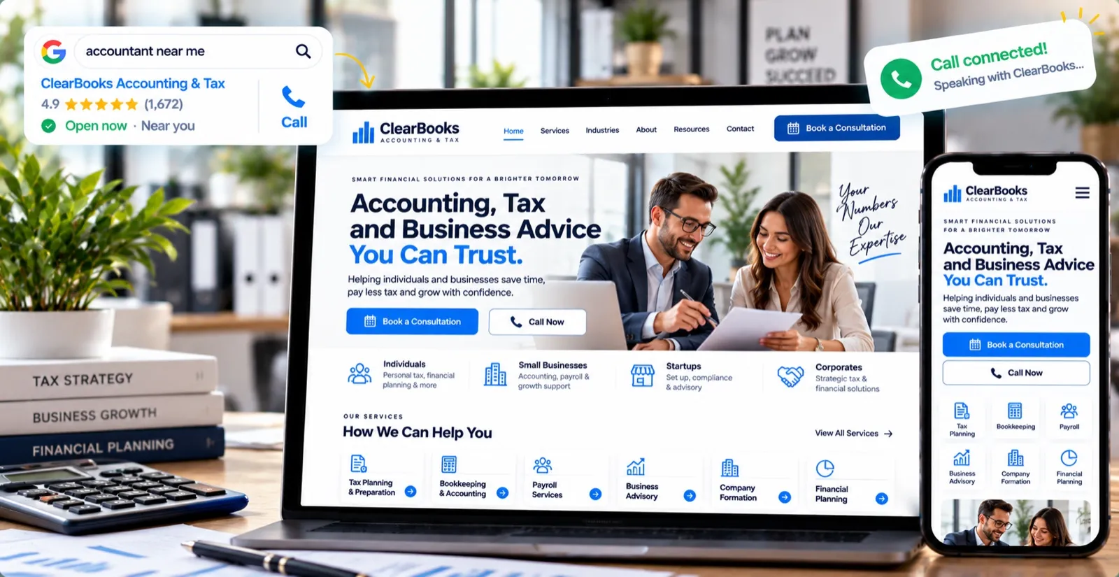 Example accounting and bookkeeping website on a laptop and phone, showing advisors with a client, services and Book a Consultation and Call Now buttons