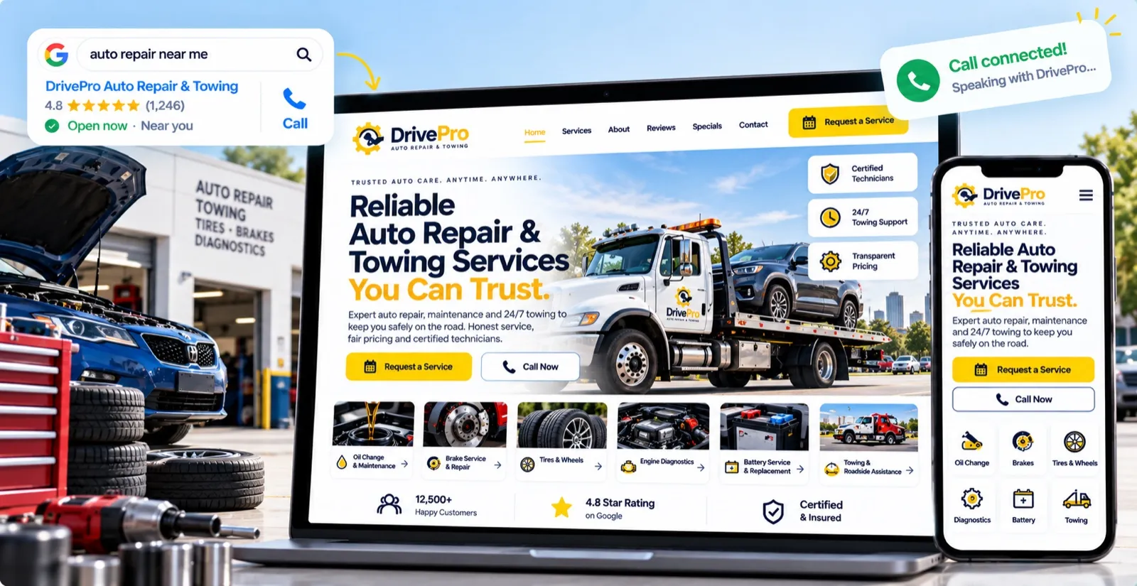 Example auto repair and towing website on a laptop and phone, showing a tow truck with Request a Service and Call Now buttons