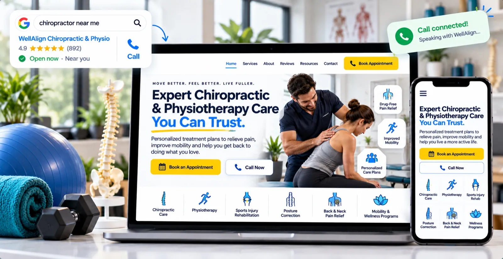 Example chiropractic and physiotherapy website on a laptop and phone, showing a practitioner treating a patient with Book an Appointment and Call Now buttons