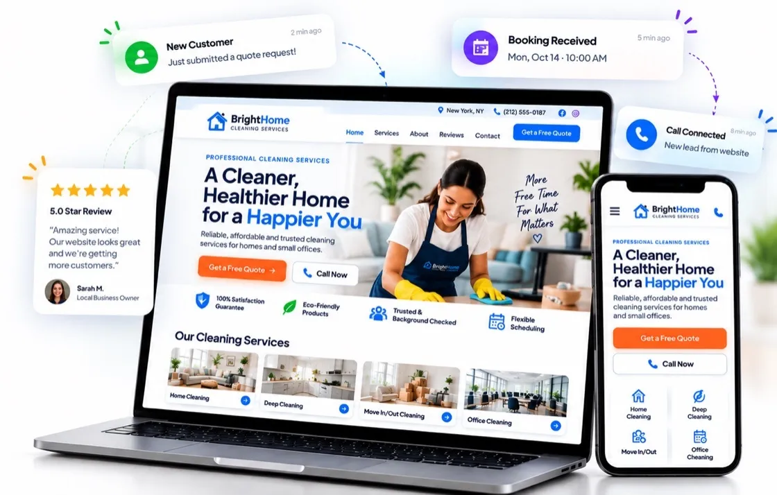 Example cleaning company website on a laptop and phone, surrounded by new quote request, booking, call and five-star review notifications
