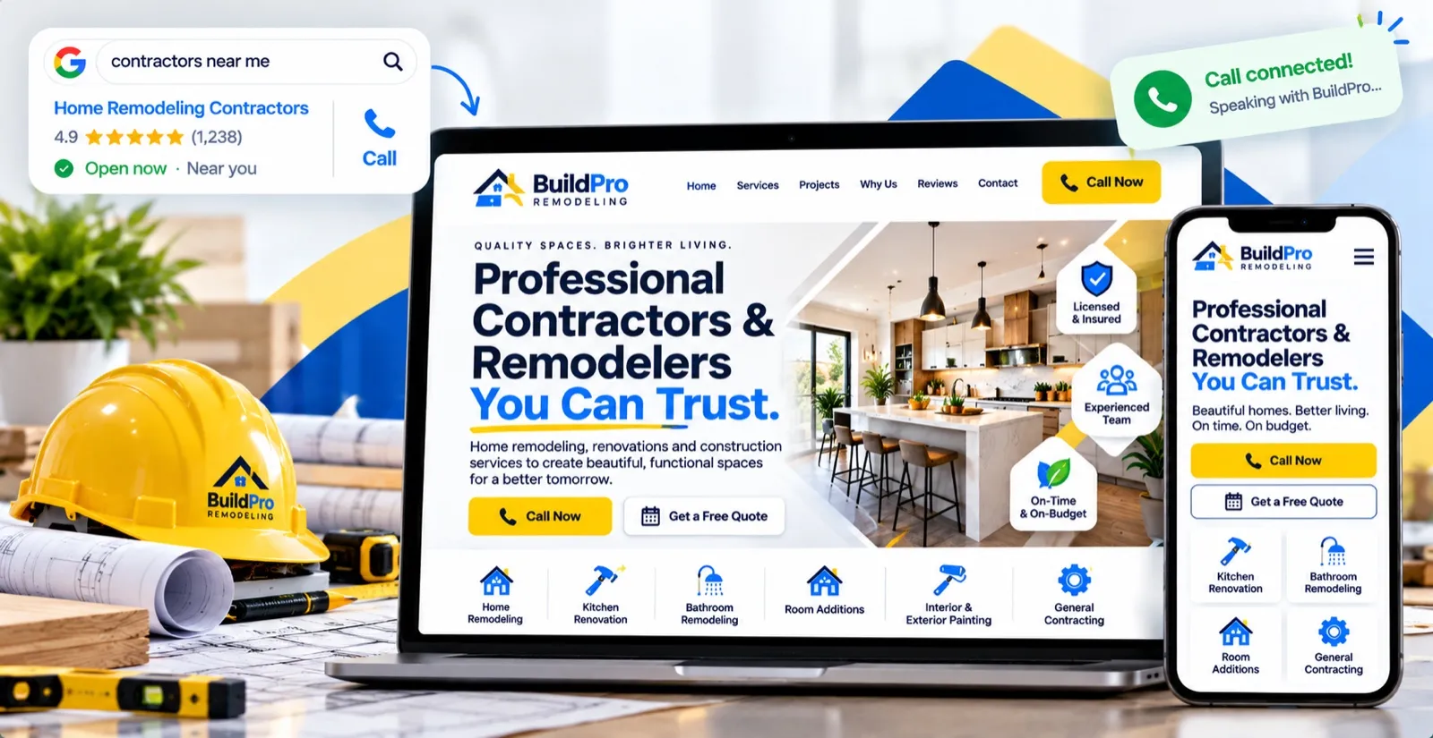 Example contractor and remodeling website on a laptop and phone, showing a modern kitchen renovation with Call Now and Get a Free Quote buttons