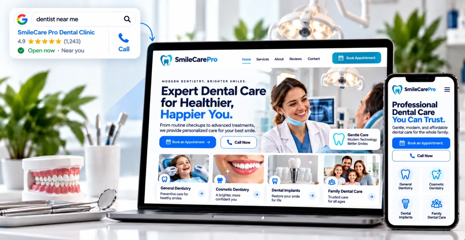 Example dental clinic website on a laptop and phone, showing a smiling dentist with Book an Appointment and Call Now buttons