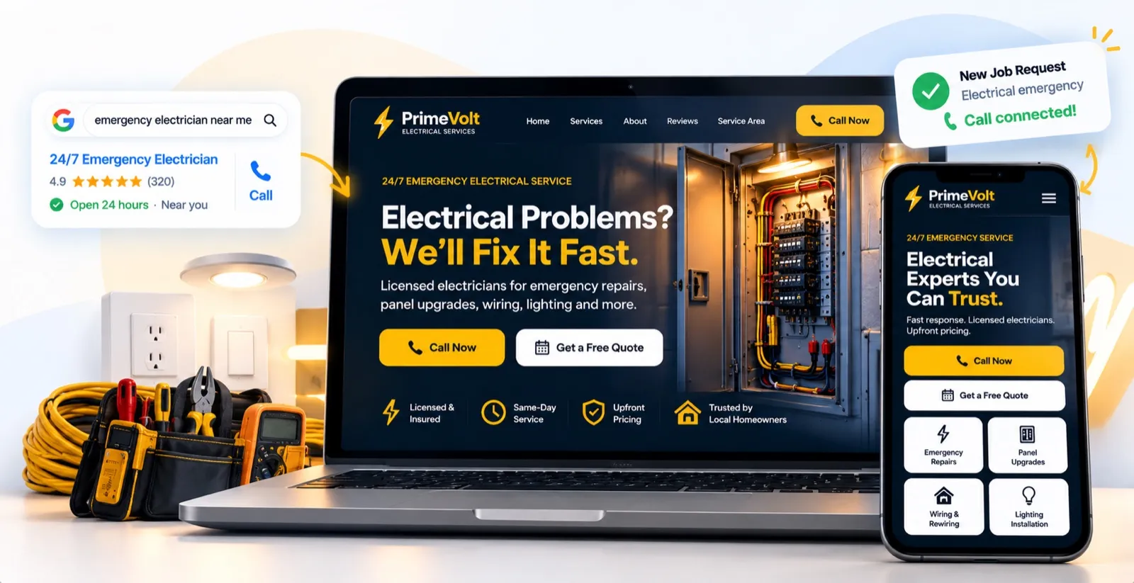 Example electrician website on a laptop and phone, showing a 24/7 emergency electrical service page with Call Now and Get a Free Quote buttons