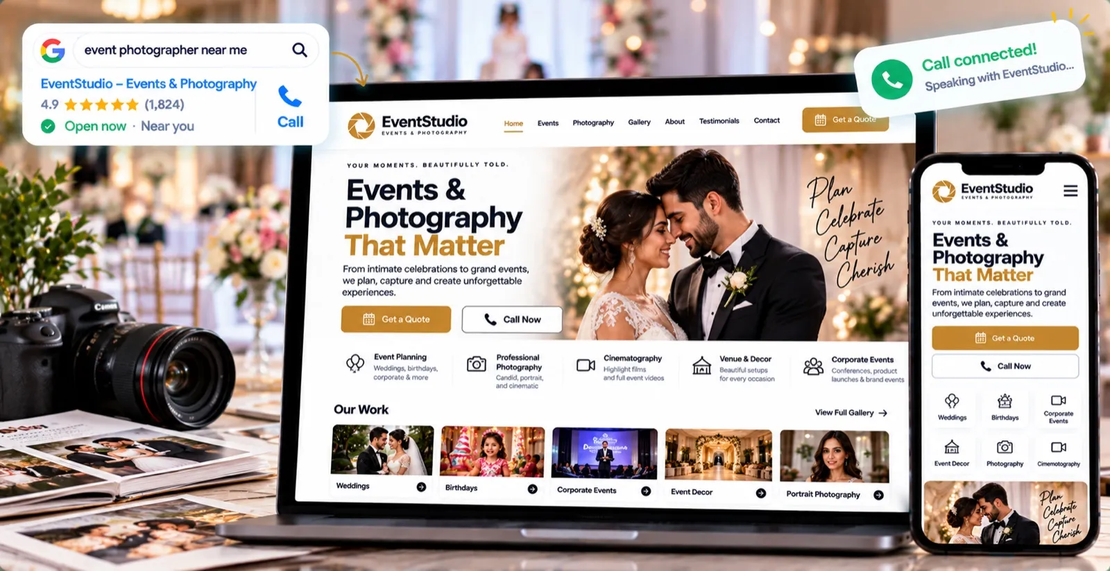 Example event planning and photography website on a laptop and phone, showing a wedding couple, a portfolio gallery and Get a Quote and Call Now buttons
