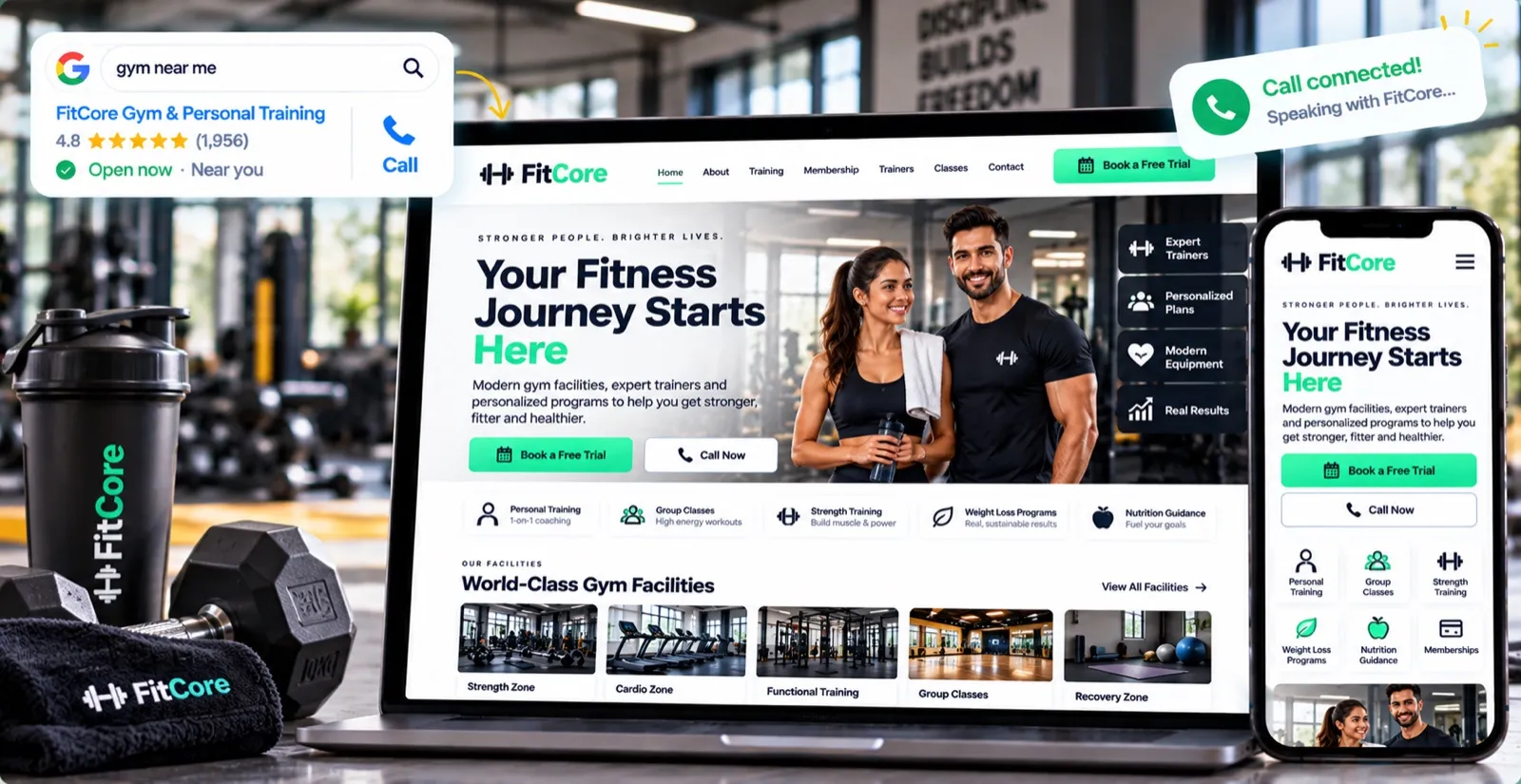 Example gym and personal training website on a laptop and phone, showing trainers, gym facilities and Book a Free Trial and Call Now buttons