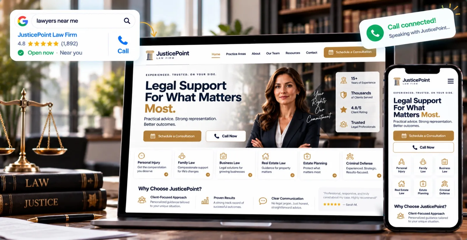 Example law firm website on a laptop and phone, showing an attorney, practice areas and Schedule a Consultation and Call Now buttons