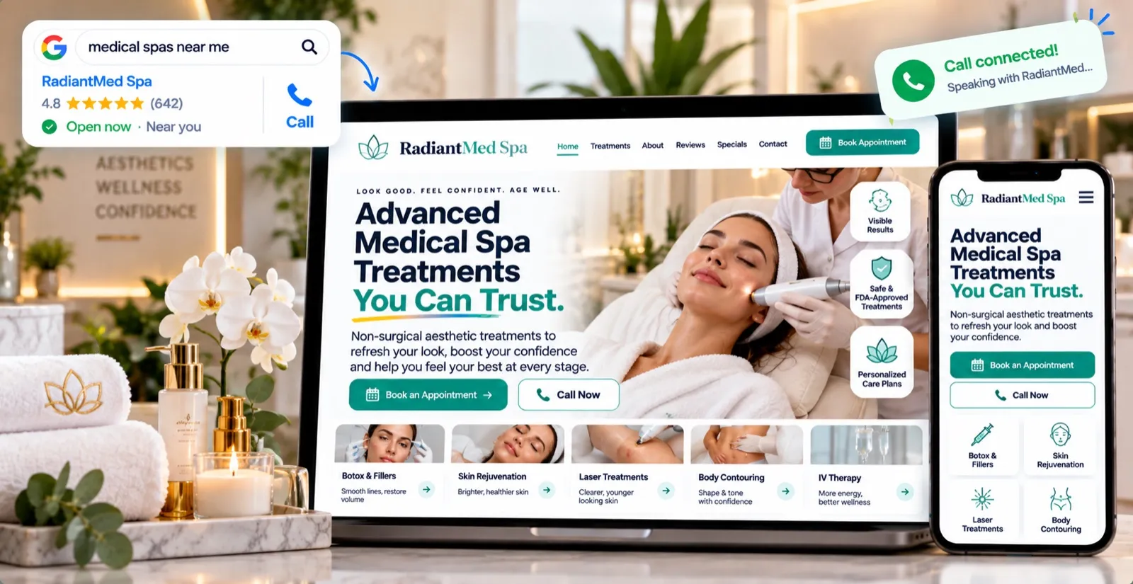 Example medical spa website on a laptop and phone, showing a facial treatment with Book an Appointment and Call Now buttons