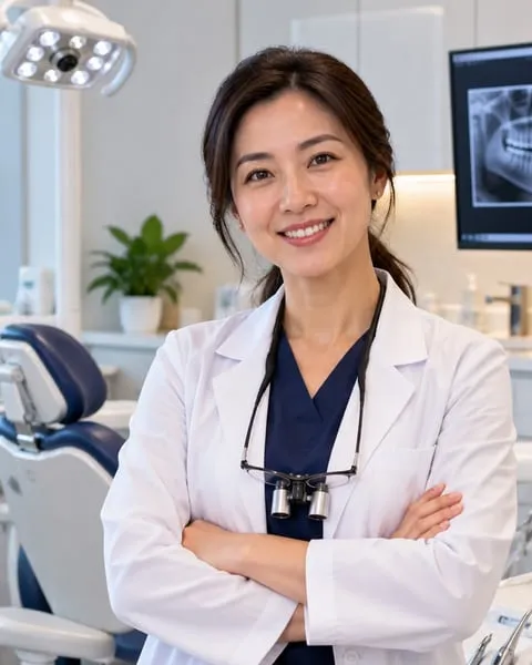 Dr. Mei Chen, dentist, standing in her dental clinic