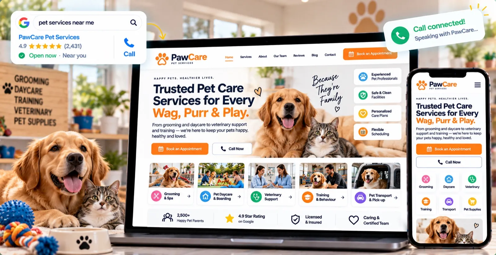 Example pet services website on a laptop and phone, showing a dog and cat, grooming and daycare services and Book an Appointment and Call Now buttons