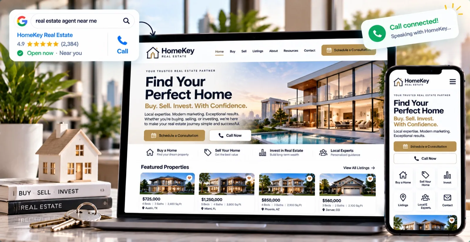 Example real estate agent website on a laptop and phone, showing a modern home, featured property listings and Schedule a Consultation and Call Now buttons