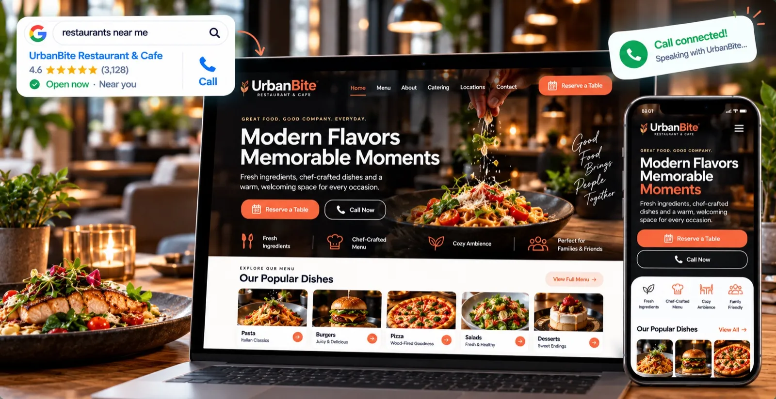 Example restaurant and cafe website on a laptop and phone, showing a pasta dish, popular menu items and Reserve a Table and Call Now buttons