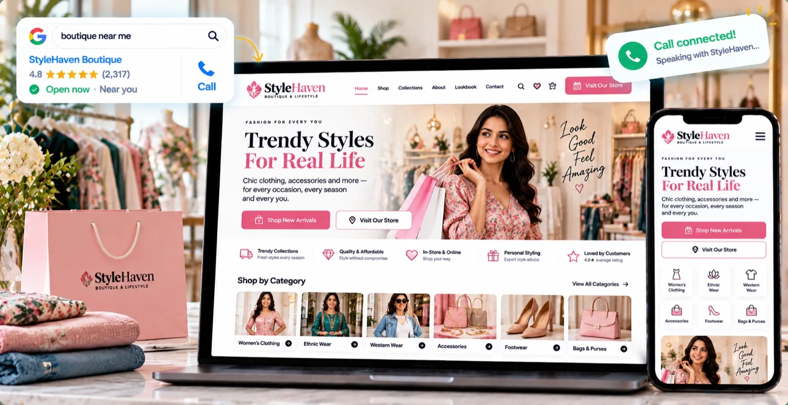 Example retail boutique website on a laptop and phone, showing a shopper, product categories and Shop New Arrivals and Visit Our Store buttons