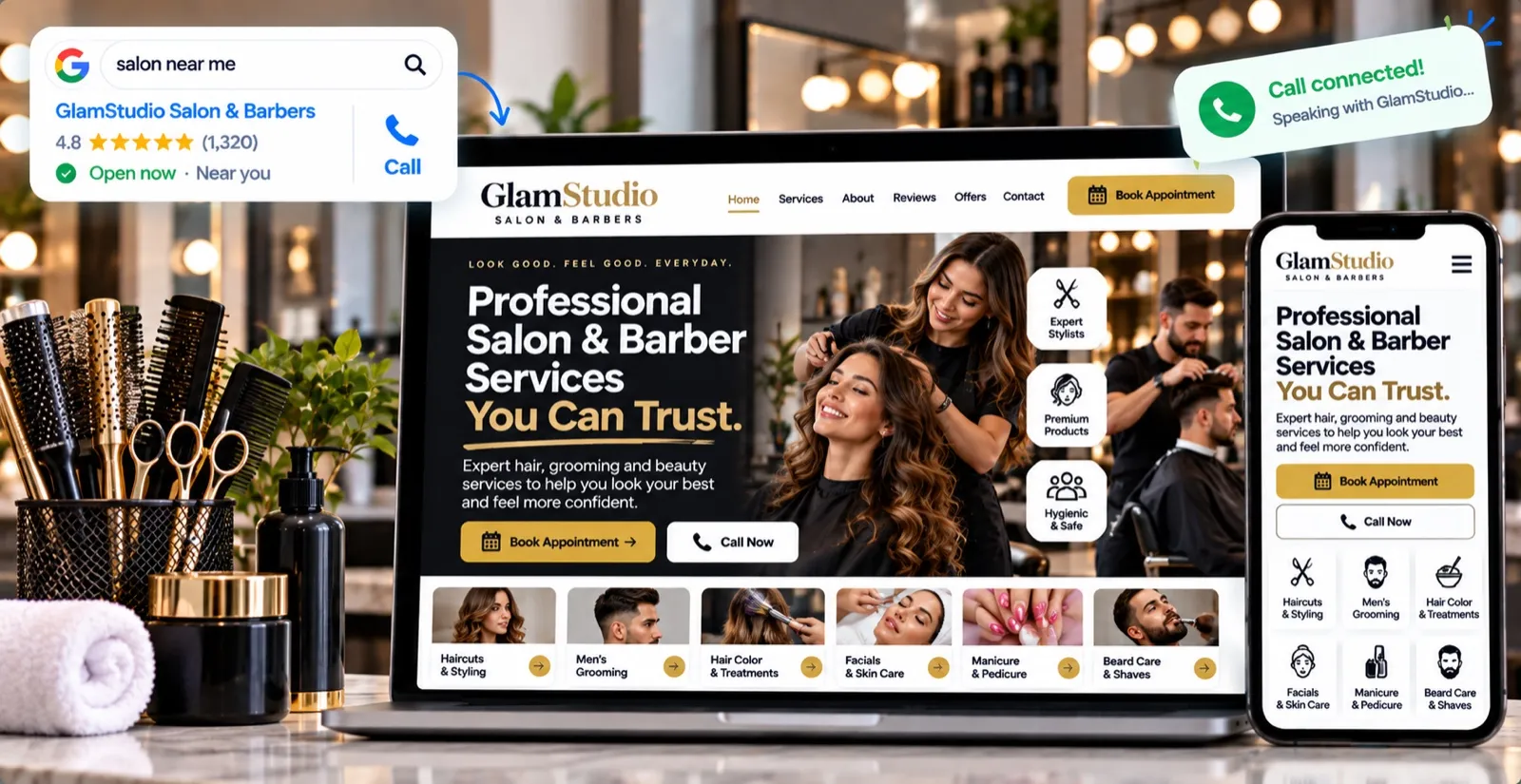 Example salon and barber website on a laptop and phone, showing a stylist at work with Book Appointment and Call Now buttons